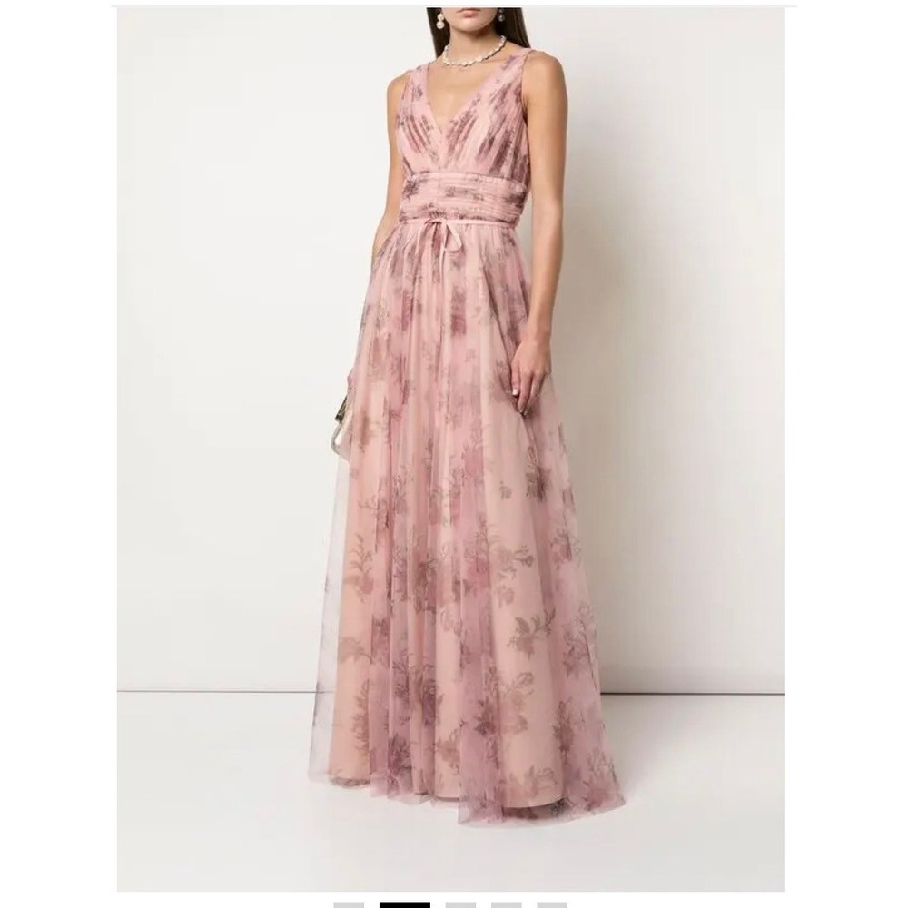 Marchesa Notte Pink Floral Pleated Tulle V-Neck Maxi Gown Dress Size 14